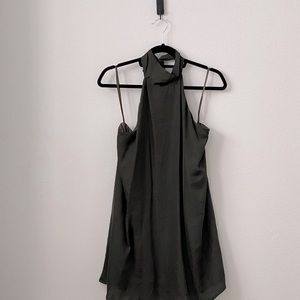 Aakaa Satin Green Ribbon Tie Neck Low Back Dress Great for a holiday dress